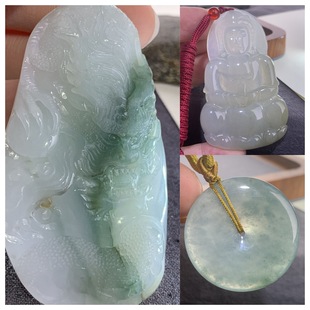 Myanmar Jade A-Grade Ice Type with Glue-Like Texture, Clear and Peaceful Pendant, Formal Guanyin Dragon Design, Flower Blooms When Seeing Buddha, Jewelry and Gemstone