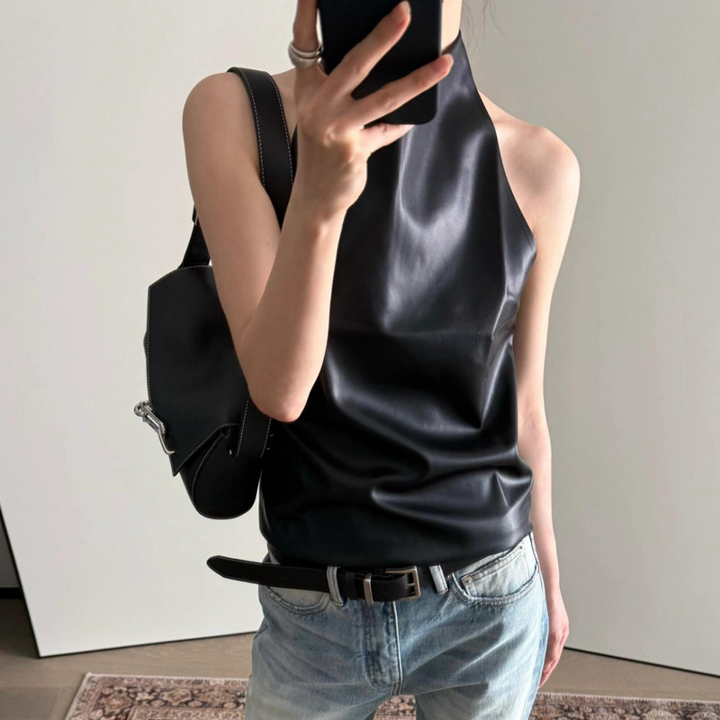 Sip Black Off-Shoulder Halter Leather Vest for Women, Summer Style Short Backless Top, Halter Leather Jacket Sip Black Off-Shoulder Halter Leather Vest for Women, Summer Style Short Backless Top, Halter Leather Jacket