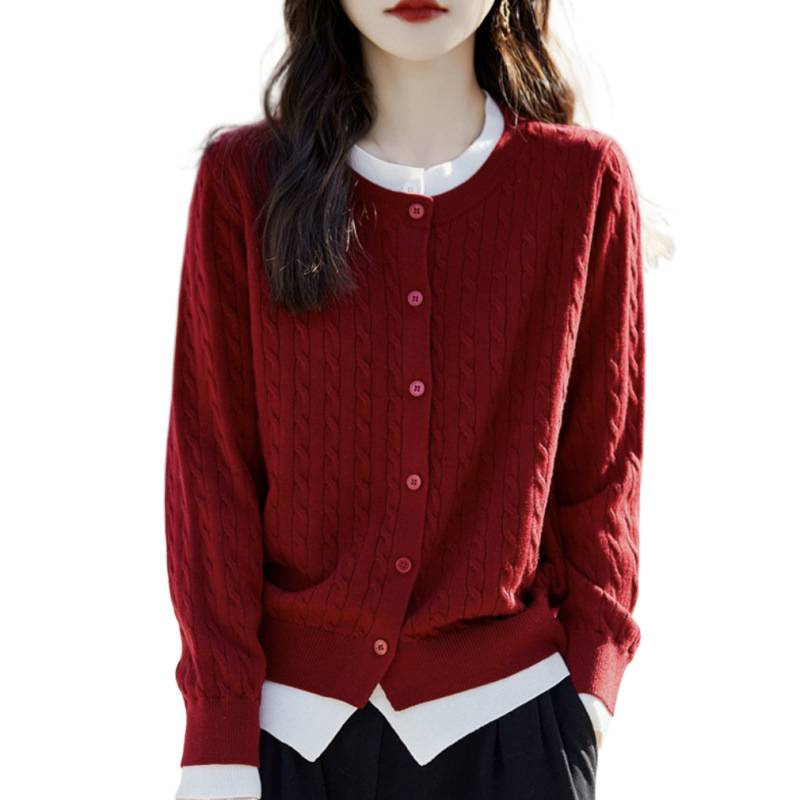 Primavera y otoño collar falso de cuello redondo dos piezas de lana tejida fina Cardigan suéter de torsión suelta chaqueta de punto universal