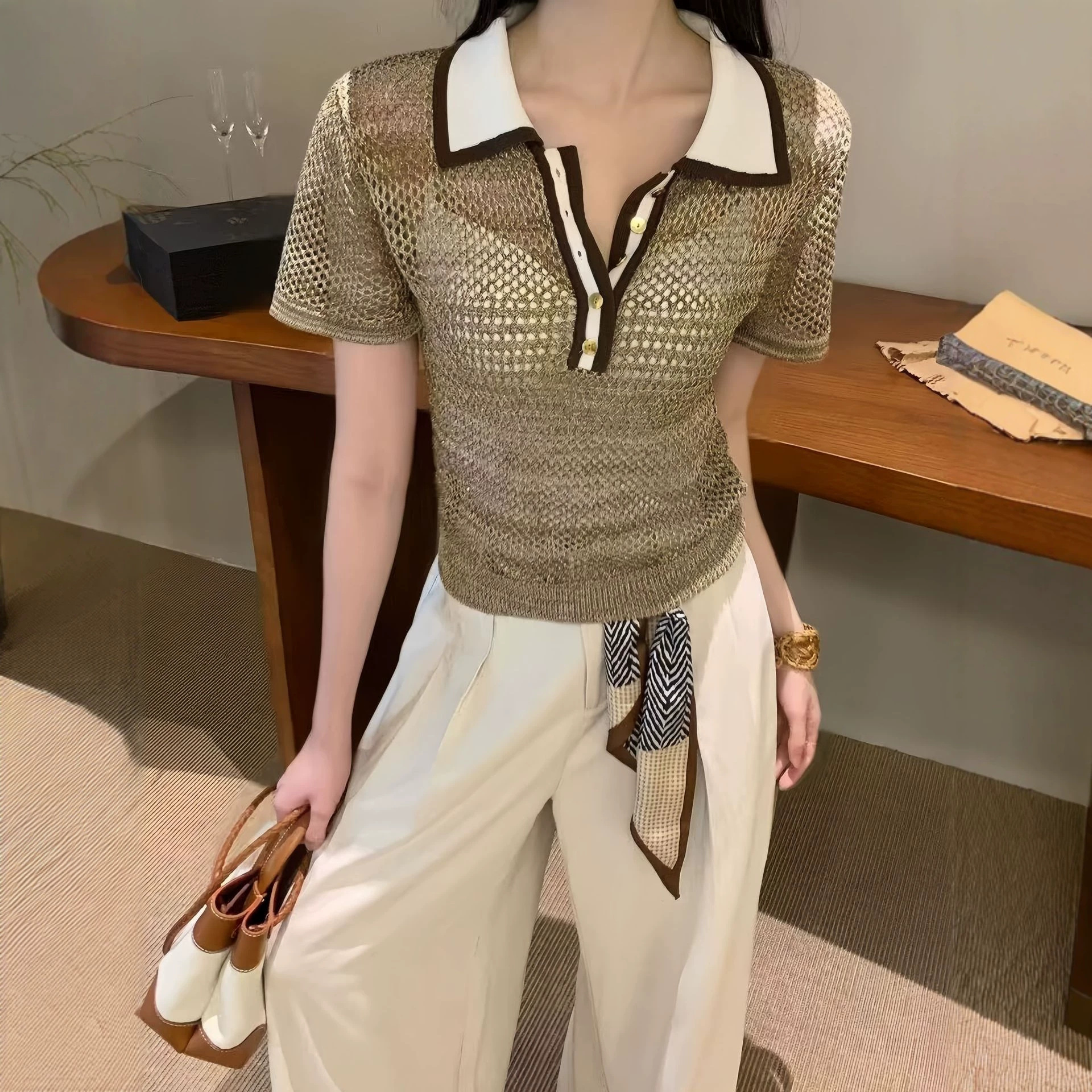 老钱风复古撞色polo领短袖针织衫女夏季薄款轻奢气质显瘦镂空上衣