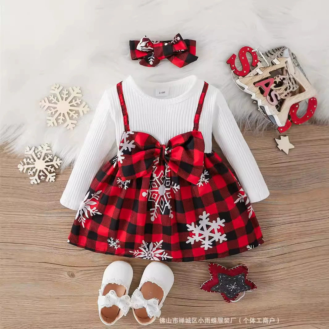 Трансграничный INS Амазонка Девочка Рождество милый бант снежинка платье с принтом тюрбан набор из двух частей