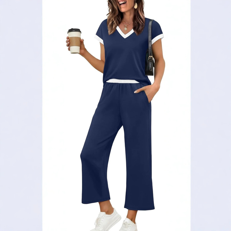 Cross-Border European and American Two-Piece Women's Casual Outfit Set, Women's Clothing, Airport Travel Outfit, Color-Blocking