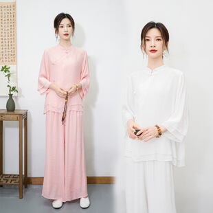 2024 Summer New Retro Ethnic Style Improved Cotton and Linen Zen Tea Suit Yoga Suit Practice Suit Two-piece Set for Women