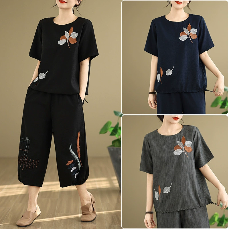 Реальная стрельба весной и летом новый художественный набор из хлопка и конопли для отдыха с короткими рукавами вышитая футболка с эласткой талией и широкими брюками из двух частей