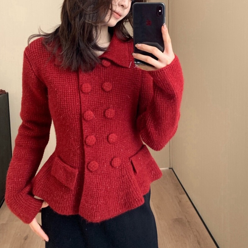 French-style elegant lapel double-breasted shimmer sweater for women, suitable for spring, autumn, and winter, with a waist-cinching and slimming effect, knitted cardigan top French-style elegant lapel double-breasted shimmer sweater for women, suitable for spring, autumn, and winter, with a waist-cinching and slimming effect, knitted cardigan top