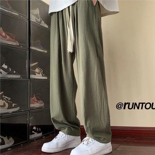 Cotton Linen Casual Men's Summer Thin Oversize Wide Leg Loose Pants American Street Style Linen Straight Leg Pants Trendy