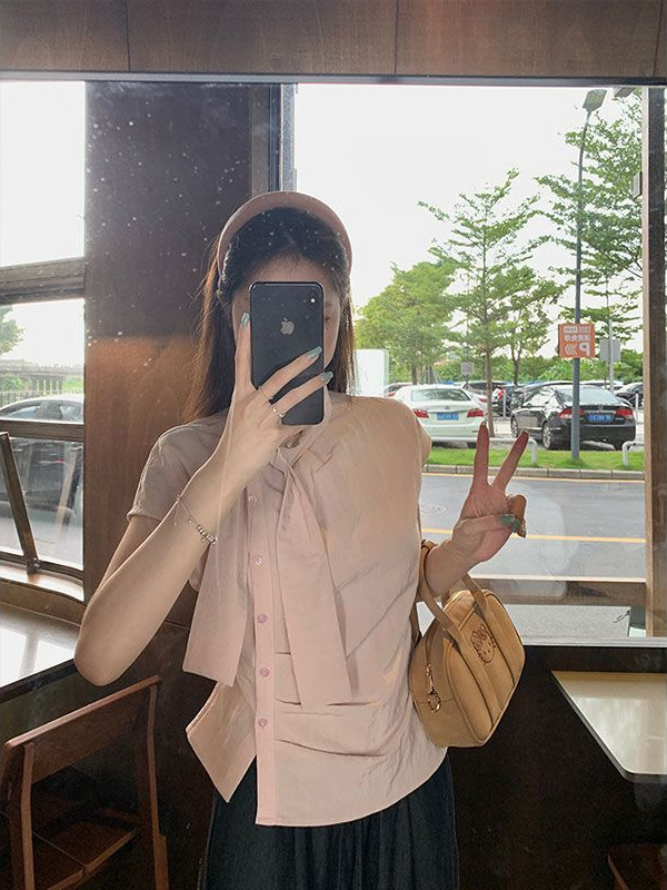 韩系条纹小飞袖飘带短袖衬衫女夏季设计感小衫不规则褶皱收腰上衣|undefined