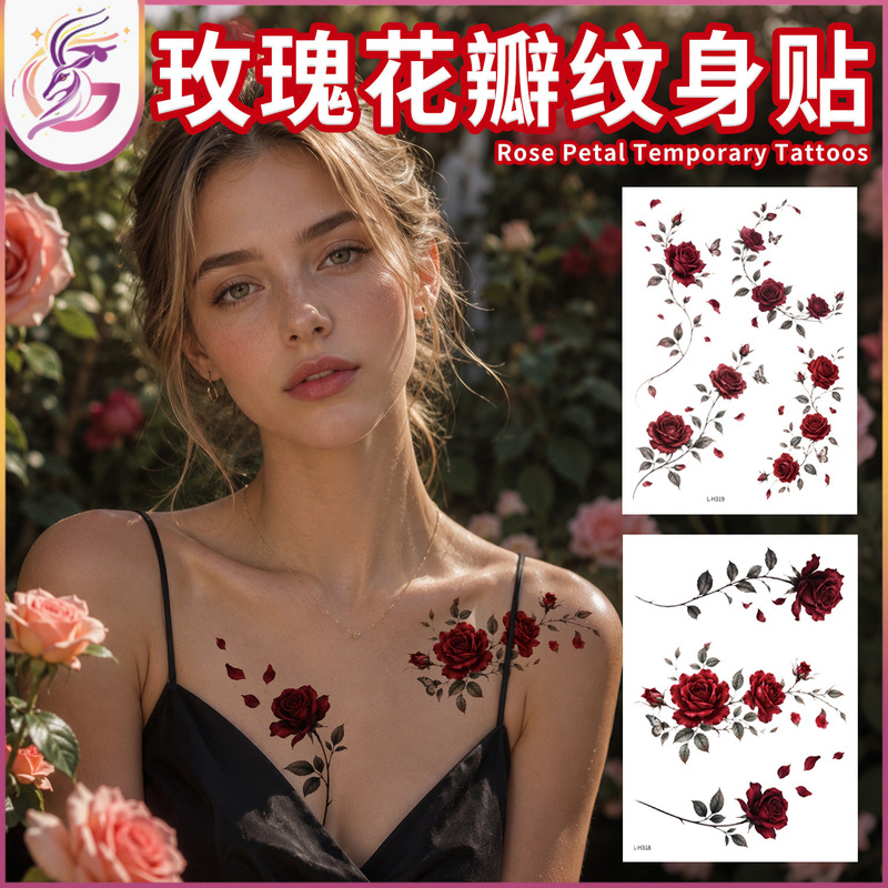 Rose Petal Tattoo Stickers Blood-Colored Rose Sexy Couple Fun Tattoo Thigh Arm Whole Body Temporary Stickers