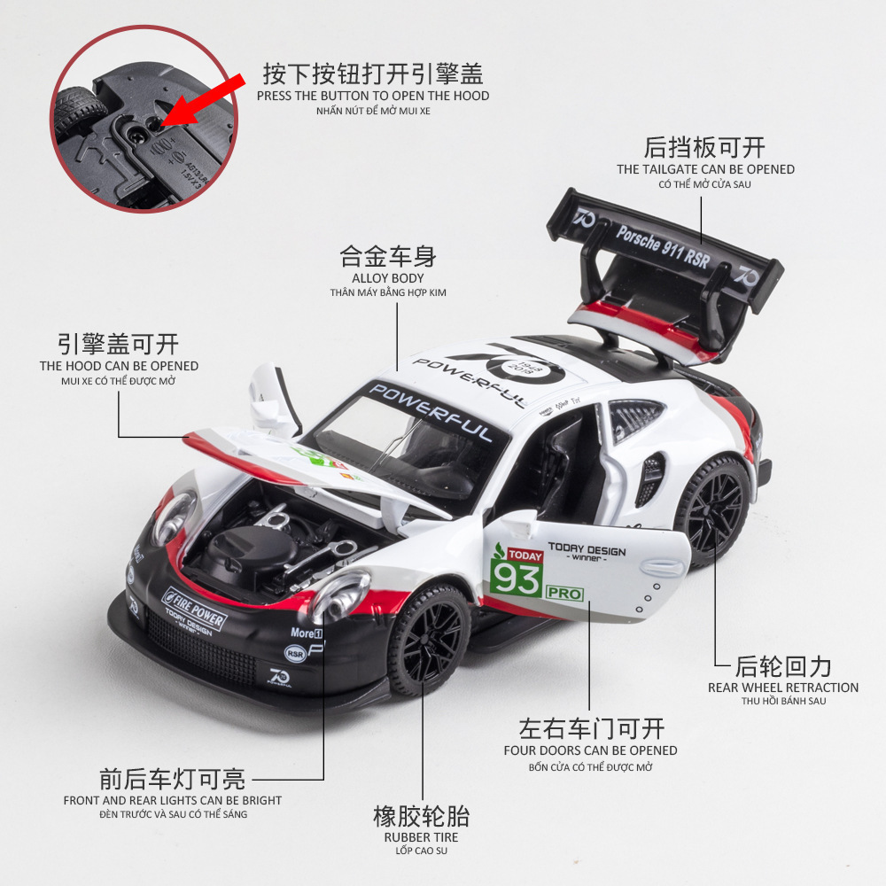 Nuevo modelo de coche de aleación Haodi 1:32 Porsche 911 versión de pista RSR tire del coche de juguete modelo de música adornos