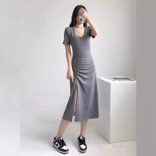 24 Sexy Sexy Design Breast Pad Dress Summer New French Retro Square Neck Pleated Slit Long Skirt