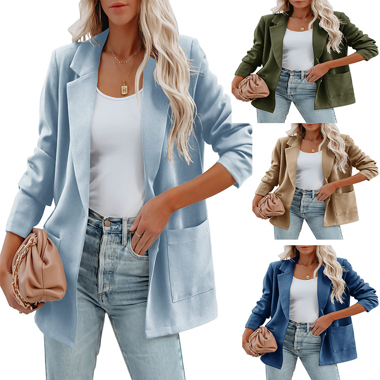 Cross border Europe and America Women's wear 2022 Autumn and winter Amazon leisure time Cardigan Long sleeve Lapel suit coat pocket