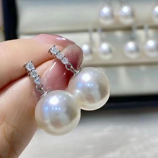 S925 Sterling Silver Pearl Earrings Classic Three Diamond Earrings 10-11mm Freshwater Round Edison Pearl Earrings for Women