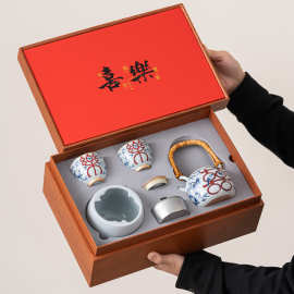 围炉煮茶青花喜乐提梁壶防烫电陶炉陶壶煮茶陶瓷茶壶结婚伴手礼品