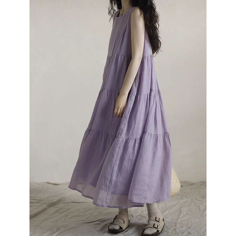 Loose Patchwork Ultra-Long Sleeveless Dress 2025 Summer French Style Puffy A-Line Back-Tie Floor-Length Tank Dress