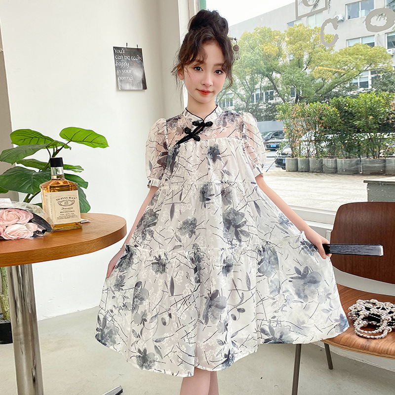 Girls' dress 2024 new summer dress children's Western princess dress Women's Big Children's National style cheongsam little girl's dress