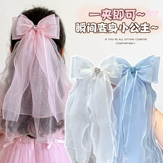 儿童蝴蝶结头纱发夹女孩公主超仙生日派对仪式感头饰网纱飘带发卡