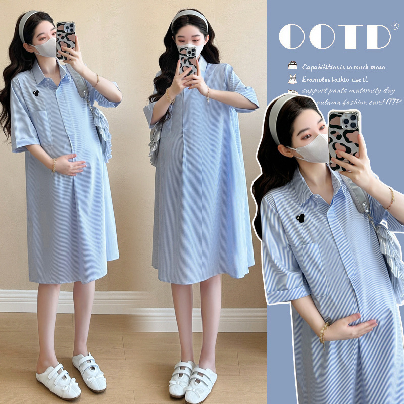 Real shot temperament maternity dress 2025 summer new fashion western style plus size long shirt skirt