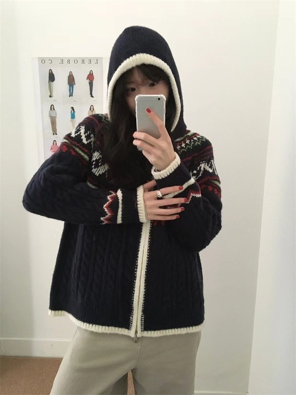韩系复古麻花连帽费尔岛毛衣开衫女秋冬新款宽松慵懒拉链针织外套|undefined