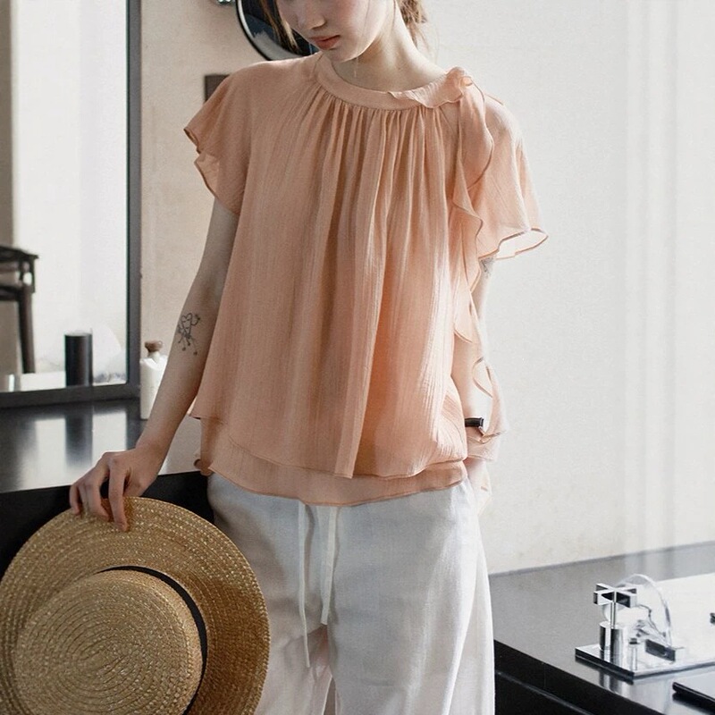 Lalaglow Half-Summer Sweet Dreams All-Tencel French Ruffle Double-Layer Ribbon Short-Sleeve Shirt for Women, Skin-Friendly and Breathable Lalaglow Half-Summer Sweet Dreams All-Tencel French Ruffle Double-Layer Ribbon Short-Sleeve Shirt for Women, Skin-Friendly and Breathable