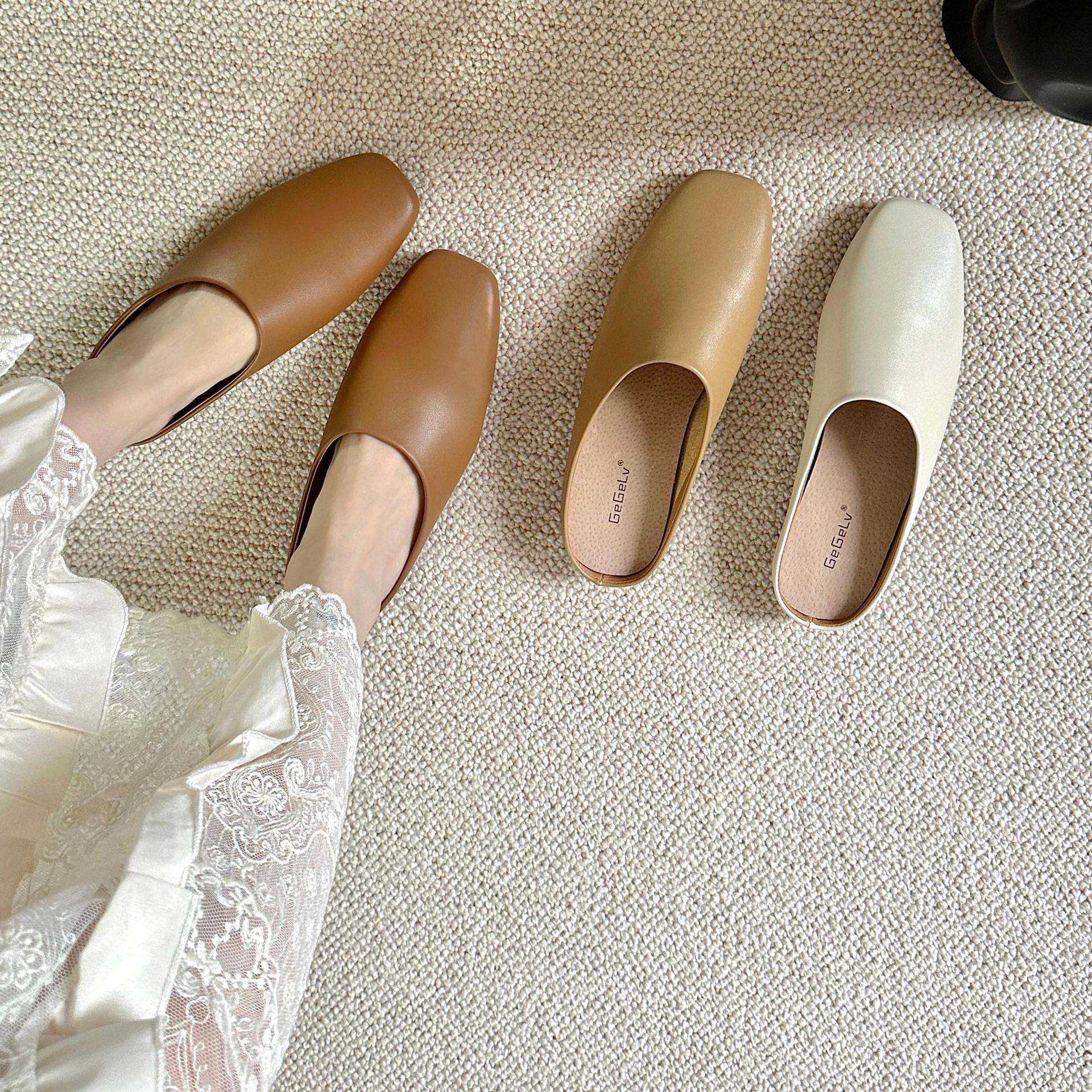 Demi-season retro slippers square toe flat