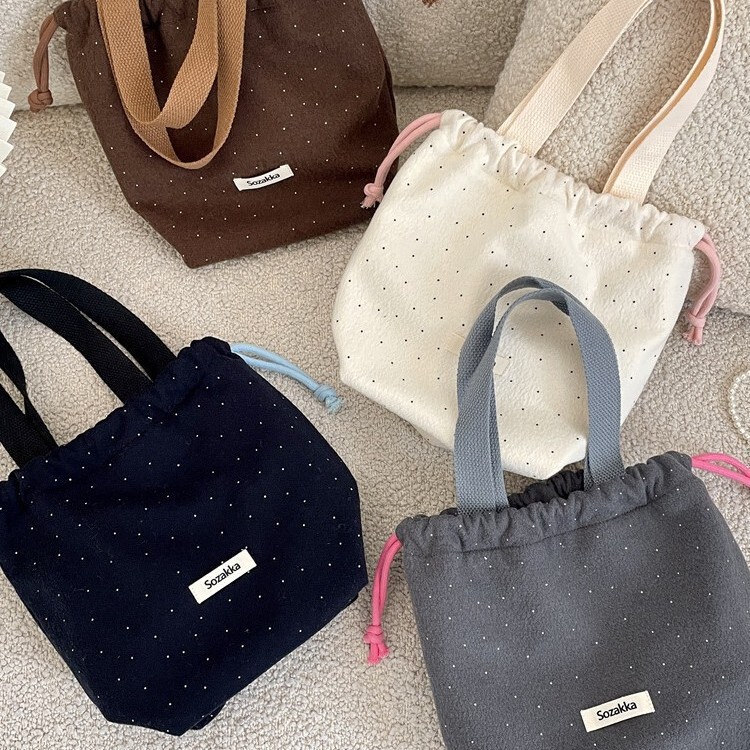511182 Woolen Polka Dot Drawstring Pocket Handbag for Shopping and Sundries Portable Lunch Bag