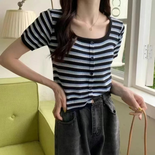 Short-Sleeve Women's Striped T-Shirt Spring Base Layer New U-Neck Short Knit Thin Women's Knit Top Live Broadcast