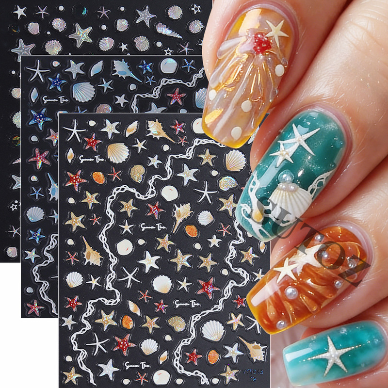Ocean-Themed Nail Art Stickers with Embossed 3D Starfish, Shells, and Conch Designs, Versatile Nail Decoration Stickers for Summer Vacation Style