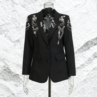 European and American Style Trendy Brand Heavy Industry Beading Design Small Suit 2025 Autumn New Style Personalized Diamond Pure Color Suit Jacket for Women