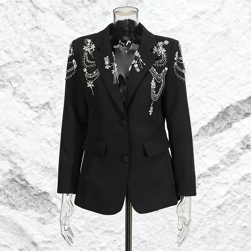 European and American Style Trendy Brand Heavy-Duty Beaded Design Blazer 2026 Spring New Model Personalized Rhinestone Solid Color Blazer Jacket for Women