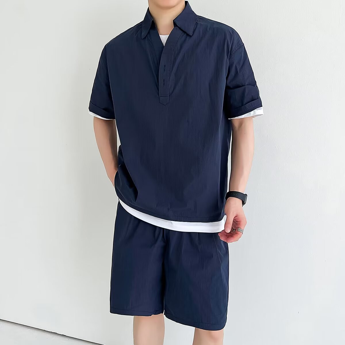 Origen Fabricante Traje deportivo de ocio Camisa de polo de dos piezas de secado rápido de seda de hielo de cinco puntos de manga delgada de verano de manga corta para hombre