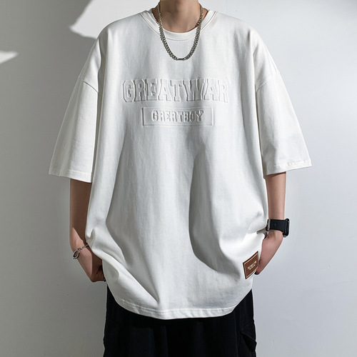 Summer Men's Short Sleeve T-Shirt Hong Kong Style Instagram Trendy Fashion Versatile T-Shirt Crew Neck Loose Plus Size Five-Finger Sleeve Trendy