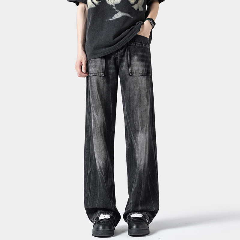 Jean homme délavé style américain, marque tendance, coupe ample, motif éclair, pantalon droit, disponible en prêt-à-porter._voghion.com