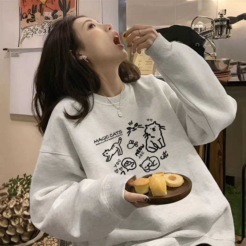 灰色卡通圆领卫衣女秋季2025新款爆款宽松大码中长款上衣长袖外套