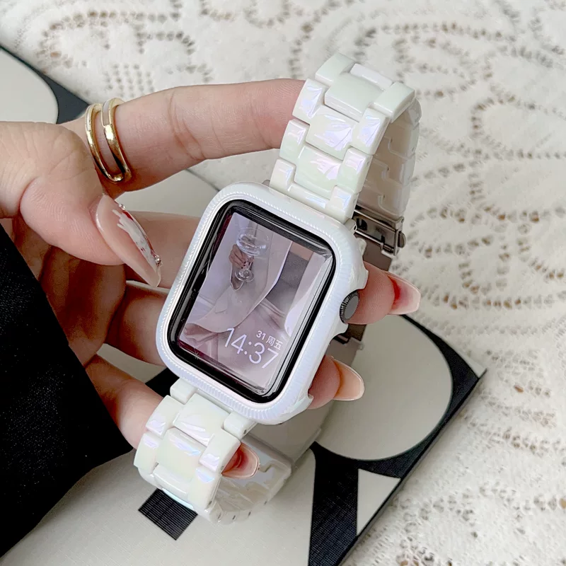 Ремешок для iWatch10/первого поколения SE, чехол для женщин, жемчужно-белый лазер, имитация керамики с тремя бусинами, 42 мм