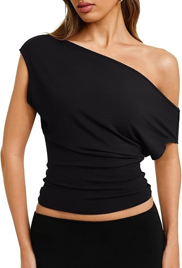 Women's Sexy Off Shoulder Asymmetrical Slim Fit Short Sleeve Top – Side Slash Neck Summer Tee_ecoleips.com