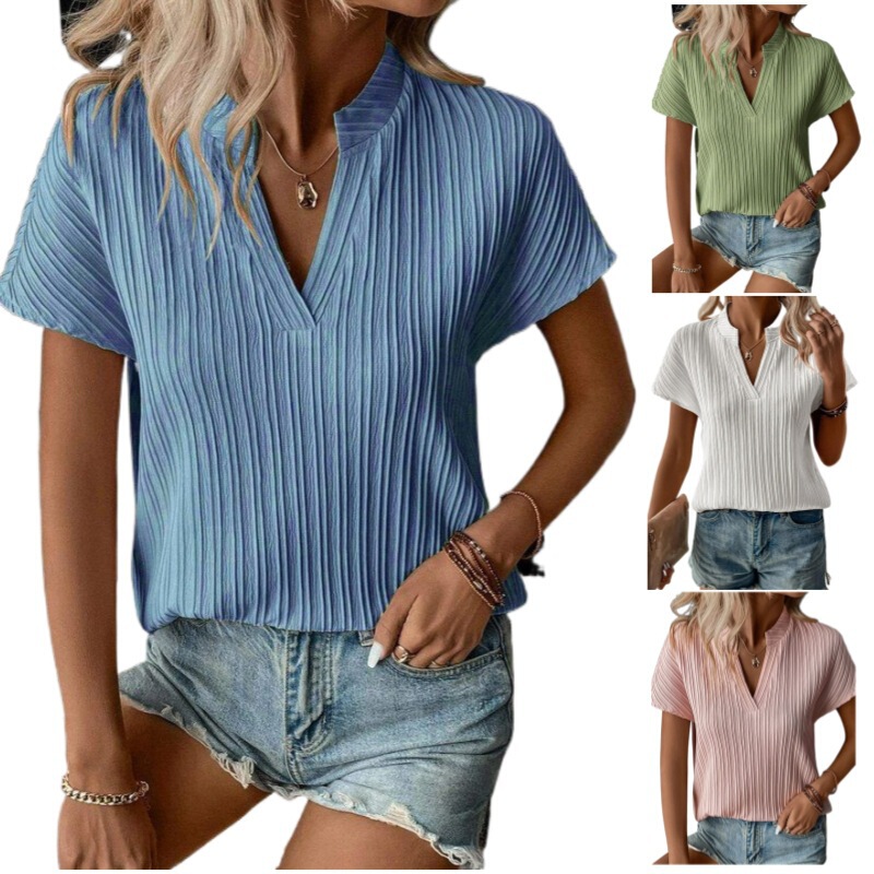 2024 Cross-border European and American Women's Clothing Summer New Women's Top Solid Color V-neck Striped Short-sleeved Casual T-shirt Shirt Foreign Trade