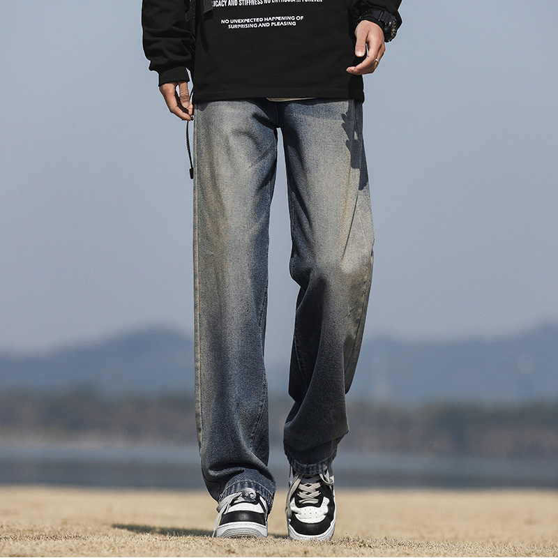 New Fashionable Jeans Four Seasons Washing Water Mop Jeans Solid Color Retro Public Edition Hong Kong Style Loose Straight Pants