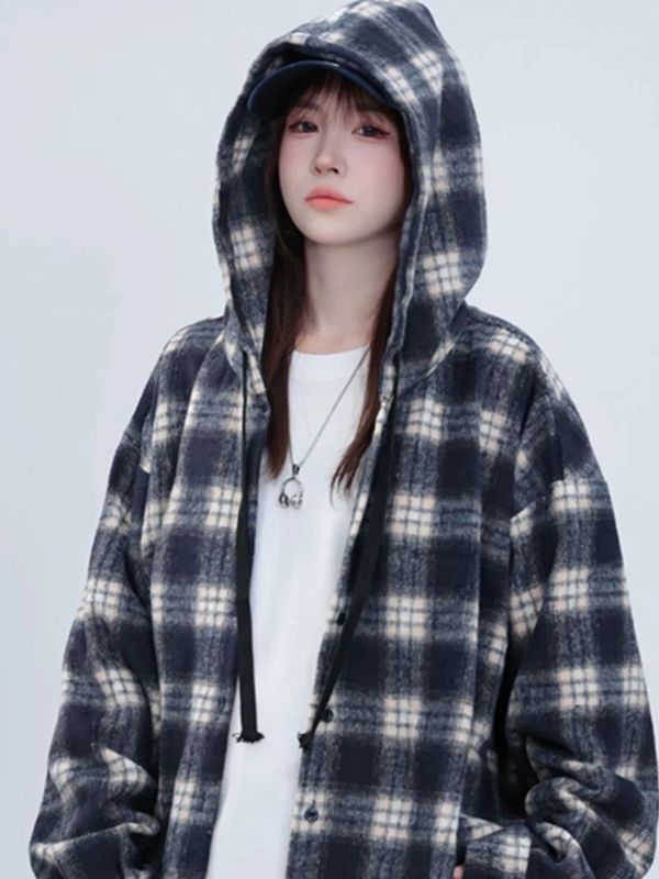 美式格子连帽衬衫外套女秋冬季毛呢磨毛大码宽松休闲长袖慵懒衬衣|undefined