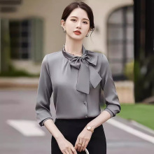 2024衬衫早春夏女装高级感轻奢飘带缎面真丝衬衣蝴蝶结长袖上衣