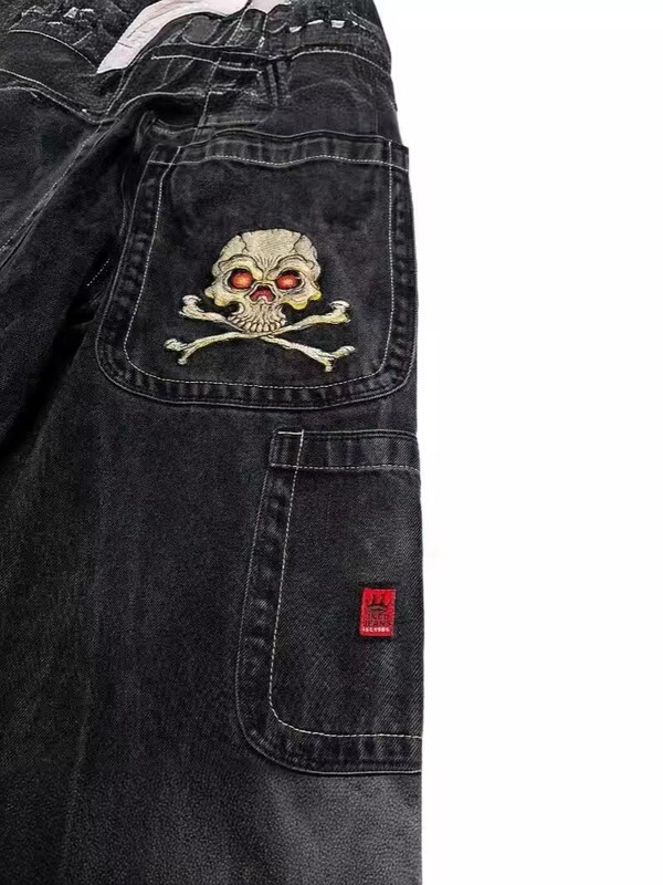 Cross-border factory direct JNCO jeans Harajuku hip-hop retro skull pattern loose jeans for men and women