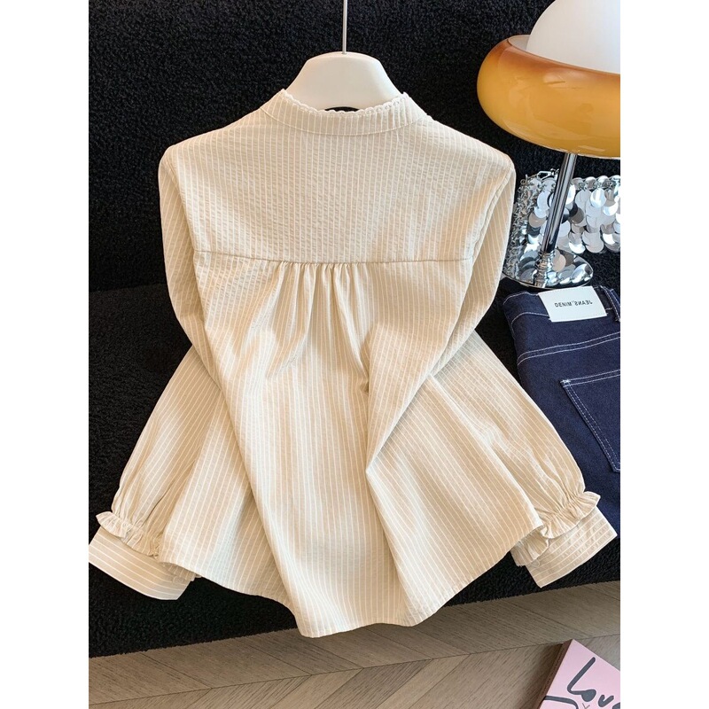 Stand Collar Lace Cream Striped Tie-Up Shirt for Women, Long Sleeve Early Spring New Style, Off-Shoulder High-Elastic Shirt Stand Collar Lace Cream Striped Tie-Up Shirt for Women, Long Sleeve Early Spring New Style, Off-Shoulder High-Elastic Shirt