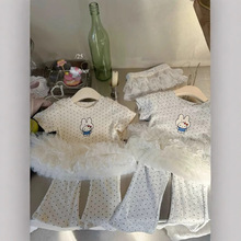 女童夏季套裝洋氣2025新款女寶寶波點兔子下擺網紗短袖洋氣兩件套