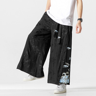Summer 2023 Chinese style men's cotton and linen trendy ethnic style heavy-duty embroidery wide-leg trousers Hanfu Tang suit ancient costume