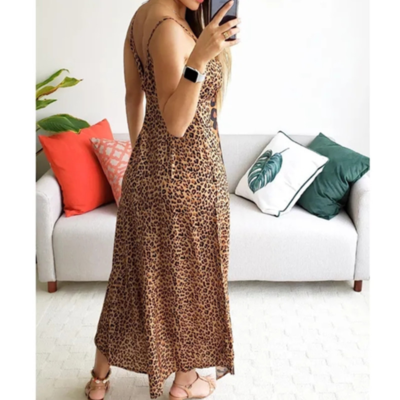 Frau Trägerkleid Strassenmode V-ausschnitt Drucken Ärmellos Schmetterling Leopard Maxi Langes Kleid Täglich display picture 2