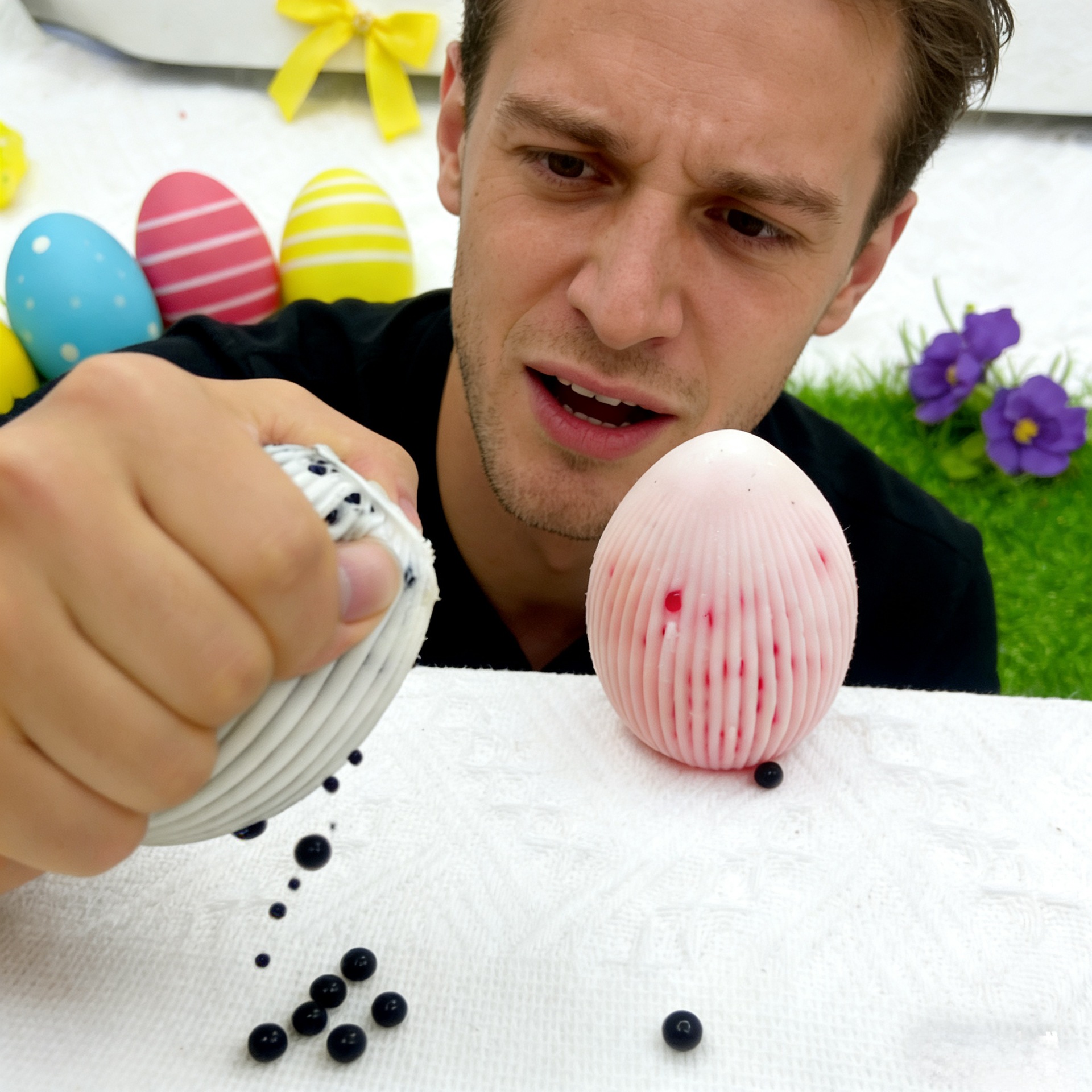 跨境新款复活节鸡蛋ASMR恶搞整蛊挤痘痘挤黑头复活节鸡蛋条纹批发