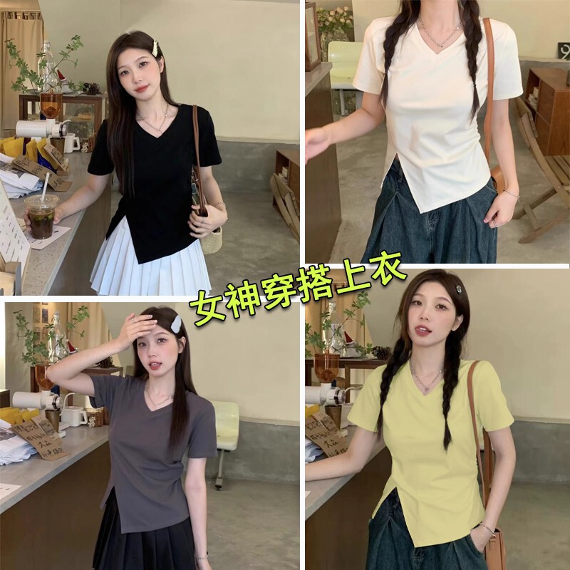 不規則なVネック、お腹を隠すスリット入り、右肩が見える半袖Tシャツ、ぽっちゃりさん向け、着痩せ効果のある半袖トップス、2025年新作|undefined