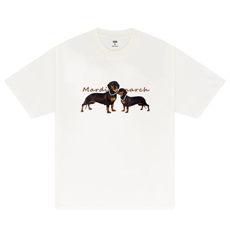 South Korea Mardi Short-sleeved T-shirt Pearl Necklace Dachshund Printed Jennie Same Style Pure Cotton Heavy T-shirt Top