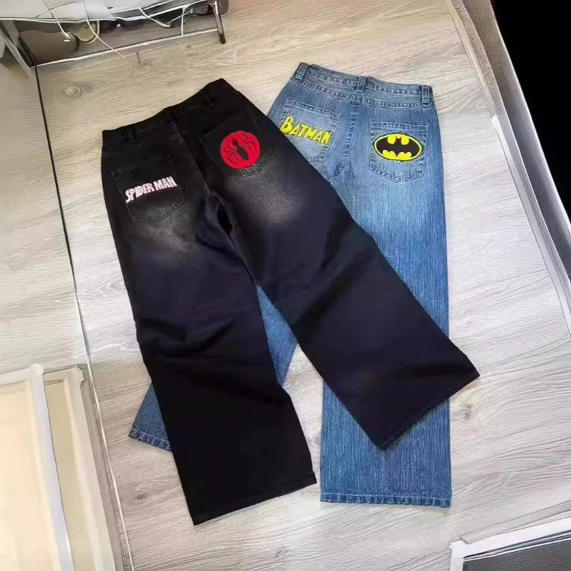 Ретро джинсы, брюки, американский стиль, принт, oversize, свободная прямой посадки