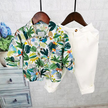 男童长袖花衬衫2025新款中小童港风儿童复古海边沙滩度假衬衣女童