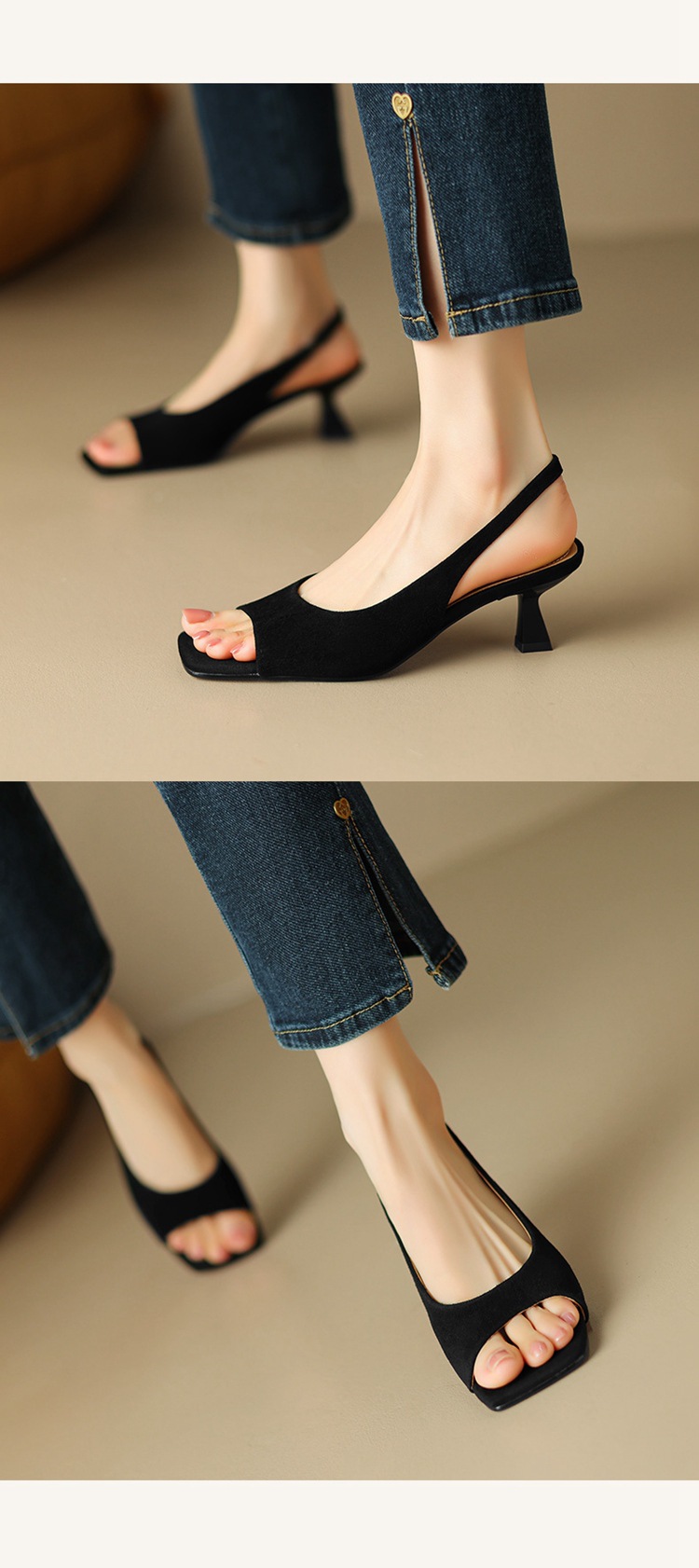 Sandal cao gót nữ mũi vuông hở mũi, gót thô 5.5 cm, phong cách Hàn Quốc, miệng nông — Da lộn cừu màu đen chi tiết 15